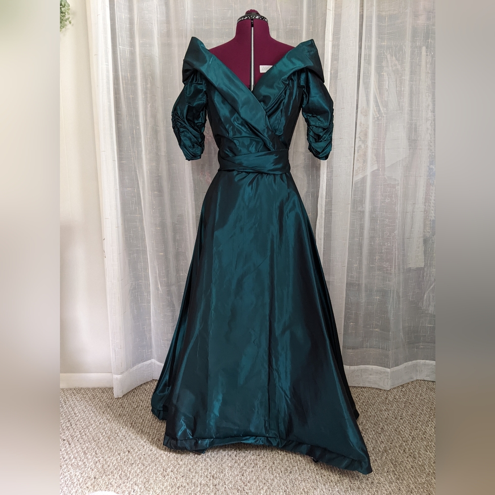 Vintage metallic teal dress with dramatic pleated bodice
